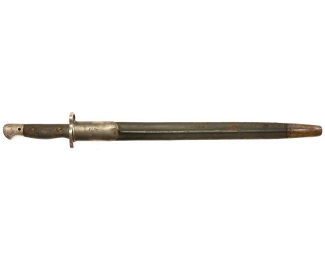 Lee Enfield SMLE 1907 pattern sword bayonet and scabbard, by Wilkinson, the ricasso stamped with 2' 19 date, the grip with so