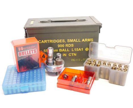 11.7mm Danish reloading tools and components, to include a four die set customised from 45-70 with shell holder, 20 x brass c