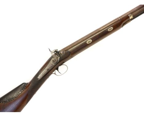 J. Jackson percussion 11 bore single barrel shotgun, 32 inch Damascus Spanish form barrel with platinum breech plug, scroll a