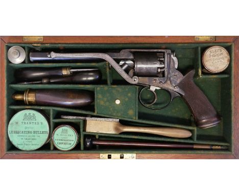 Cased 54 bore percussion revolver   Cased 54 bore percussion revolver, third model Tranter frame but double action only, 6inc