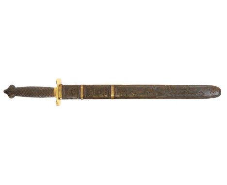 Chinese double edged sword, with copper studded blade, brass guard and carved grip and scabbard. Buyer must be over the age o