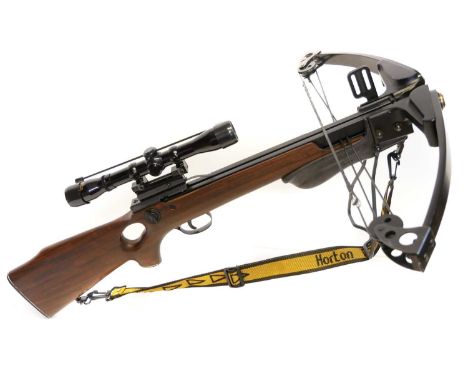 Horton LS Express compound crossbow, serial number 19903, with pulley set limbs figured wood stock, elevation adjustable scop