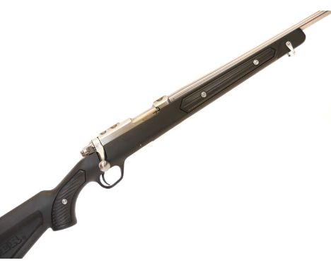Ruger .22lr stainless steel bolt action rifle and moderator, serial number 701-72824, All Weather model 77/22, 20 inch barrel
