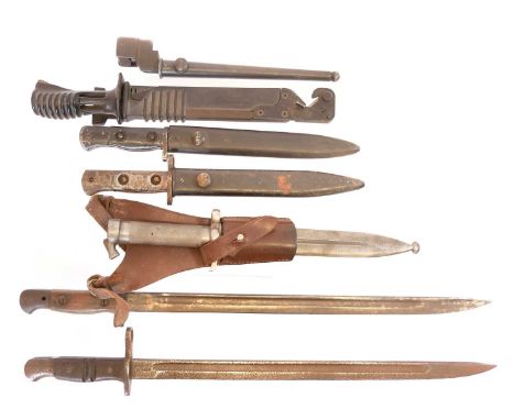 Collection of bayonets, to include two L.1.A.3. SLR bayonets and scabbards, one lacking the muzzle ring, an SA80 bayonet and 