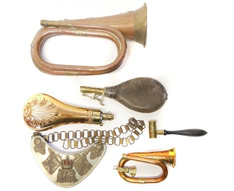 Collection of items, to include a Royal Artillery bugle, one other miniature bugle, a powder flask, shot flask, adjustable sc