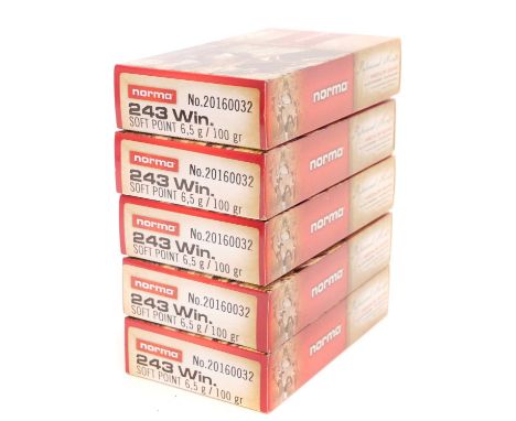 Norma .243 Winchester, 100 rounds of 100 grain soft point ammunition, also a box of  15 empty cases. UK FIREARMS LICENCE WITH