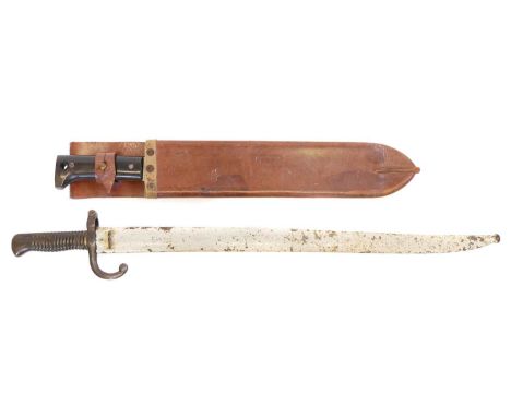 Legitimus Collins machete the ricasso stamped with maker mark and 1940 date, the leather scabbard stamped McBrine 1943, and a