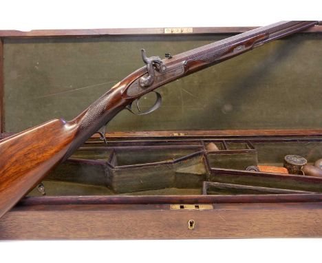 Cased 44 bore (.451) percussion park rifle by Edward Paton, serial number 1189, 30 inch browned Damascus barrel engraved 'Edw