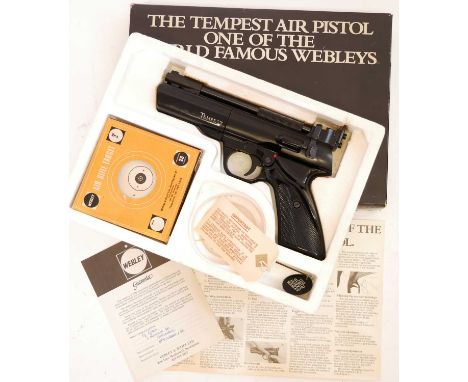 Boxed Webley Tempest .22 air pistol first model, in almost mint condition, 7inch barrel, with instructions, guarantee certifi