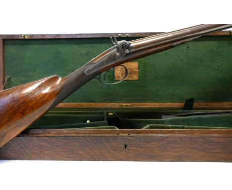 Cased George Thompson of Edinburgh 16 bore side by side percussion shotgun, 30 inch browned Damascus barrels, engraved to the