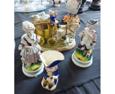 CONTINENTAL CERAMICS. Three continental ceramic figurines including horse and carriage
