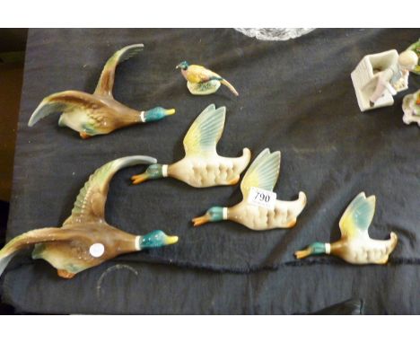 CERAMIC FLYING DUCKS. Five flying duck wall plaques, stamped H,O, England and a Beswick pheasant 