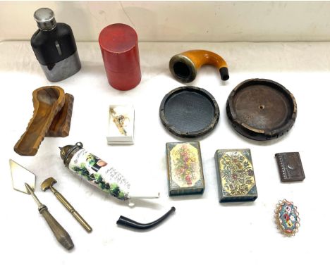 Box of vintage bygones to include pipes,  oriental stands, hip flask, micro mosaic brooch etc 
