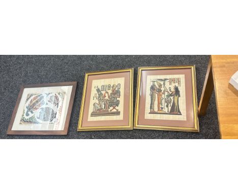 Two framed Egyptian pictures and a framed Aboriginal art piece Australia largest measures approx 22 inches wide by 19 tall 