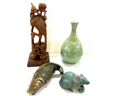Brass Koi carp, wooden bird ornament, green oriental style vase, Bronze signed rat (missing tail), tallest item which is the 