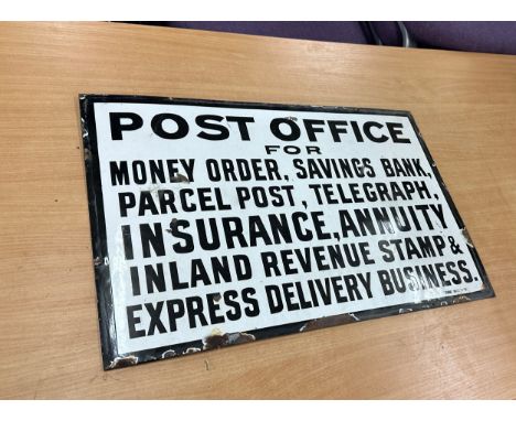Vintage metal and enamel Post office advertising sign measures approximately 26 inches wide 17 inches tall 