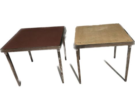 Two vintage folding card tables by Vono largest measures approx 30 inches square by 27 tall 