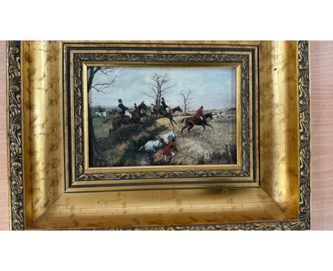 Antique Hunting scene Oil on board measures approximately 12 inches by 10 inches 