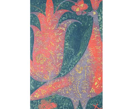 Artist: Jozsef (Joseph) DomjanTitle: Bird and ButterflyOrigin: Hungary, 1970sMedium: Color Woodblock PrintDimensions: 19x25in