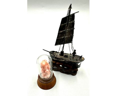 Asian Silver Miniature ShipArtist: UnknownTitle: UnknownMedium: Mixed Media Metal/WoodDimensions: Ship measures 5.5 in x 3.5 