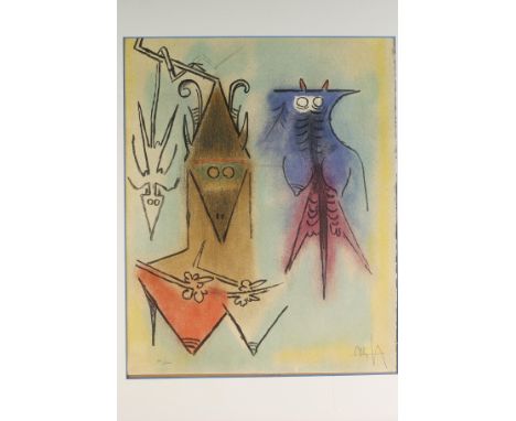 Artist: Wifredo Lam Title: Demons FamiliersOrigin:  Cuban 1974Medium: Lithograph on PaperDimensions: 34x38inCondition: Excell