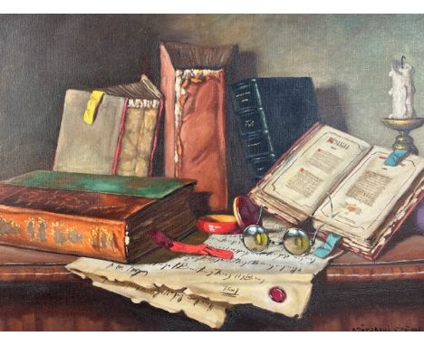 Artist: Janos Apatfalvi Czene (1904-84)Title: Still Life of BooksMedium: Oil on CanvasDimensions: 41.5x29.5in.Additional Info