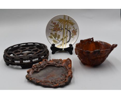 Antique 5-inch carved ox-horn bowl with stork motif. Wonderful condition. One 19th-century Hongmu rope twist pattern stand me