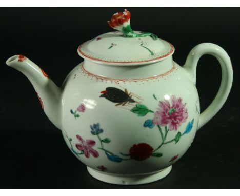 A WORCESTER TEAPOT AND COVER, circa 1770, of bullet form, polychrome painted with peony sprays and a black insect beneath iro