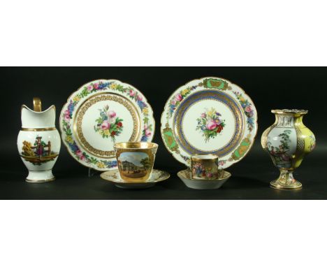 A PAIR OF PARIS PORCELAIN PLATES painted with floral sprays inside painted and gilt borders. Together with an Empire style ju