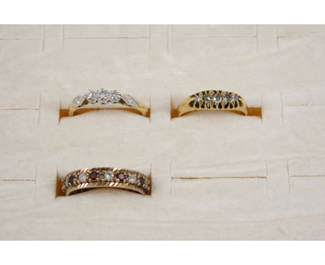 A DIAMOND FIVE STONE RING set with five graduated circular-cut diamonds in 18ct. gold, size K 1/2, together with a diamond th