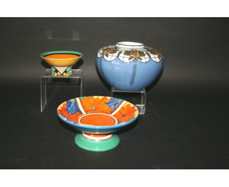 CLARICE CLIFF including a circular pedestal bowl, and small dish with triangular feet. Also with a Bursley pottery vase desig