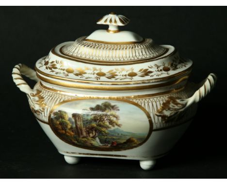 A DERBY TWO HANDLED SUCRIER AND COVER c. 1830, painted with views 'In Italy' and 'In Germany'. Iron red marks to base, 18.5cm