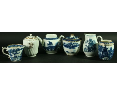 A COLLECTION OF CAUGHLEY PORCELAIN c. 1780 - 1790, decorated in various blue and white patterns including tea canisters, milk