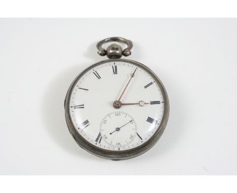 A SILVER OPEN FACED POCKET WATCH the white enamel dial with Roman numerals and subsidiary seconds dial, the movement signed A