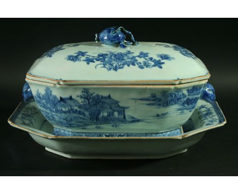 A CHINESE EXPORT TUREEN AND COVER 18th century style, blue painted with landscapes between rabbit head handles, the cover wit
