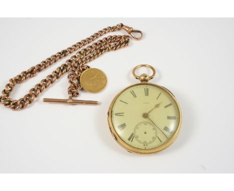 AN 18CT. GOLD OPEN FACED POCKET WATCH the white enamel dial marked 25139, with Roman numerals and subsidiary seconds hand, wi
