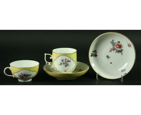 A MEISSEN MATCHED PART SERVICE each piece painted with floral sprays on a yellow ground comprising five saucers, three teacup
