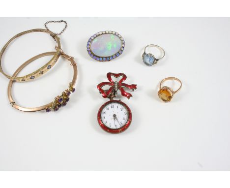 A QUANTITY OF JEWELLERY including a sapphire, diamond and gold half hinged bangle, an amethyst and pearl set half hinged bang