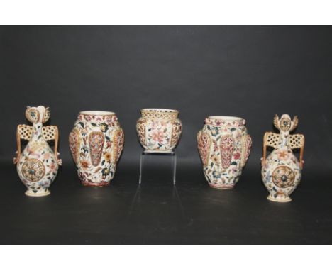 PAIR OF ZSOLNAY PECS VASES a pair of elaborate vases with painted, embossed and pierced decoration. Also with another pair of
