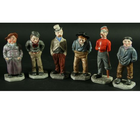 A SET OF SIX ROYAL WORCESTER MEN MENU HOLDERS, circa 1880, modelled by James Hadley, from the 'Down and Out' series, impresse