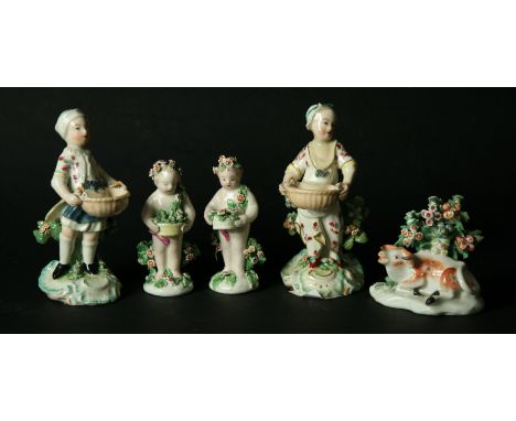 A PAIR OF DERBY FIGURAL SALTS late 18th Century, modelled as a man and woman holding baskets. Together with a pair of Derby p