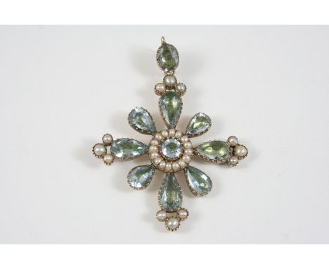 A GEORGIAN AQUAMARINE AND PEARL CRUCIFORM PENDANT centred with a circular foil backed aquamarine within a surround of small p