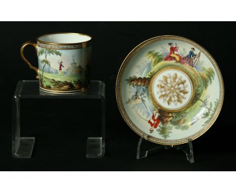 A SPODE COFFEE CAN AND SAUCER early 19th Century, painted in pattern 1579 with chinoiserie scenes of an artist and model, fis