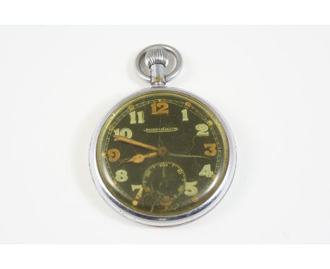 A BRITISH MILITARY CHROME POCKET WATCH BY JAEGER-LeCOULTRE the signed black dial with Arabic numerals and subsidiary seconds 