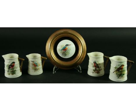 A COLLECTION OF FOUR ROYAL WORCESTER JUGS, signed Powell, date ciphers for 1924 and later, painted with a bullfinch, kingfish