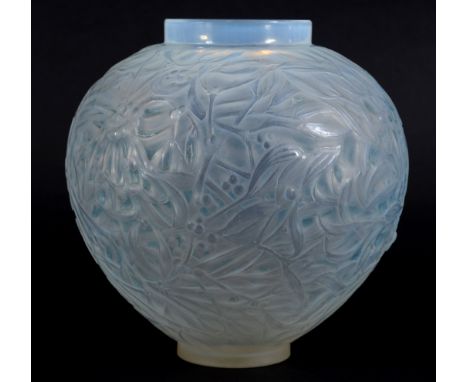 LALIQUE VASE - GUI an opalescent and blue stained vase in the Gui design. Moulded mark, R Lalique. 6 3/4ins (17cms) high