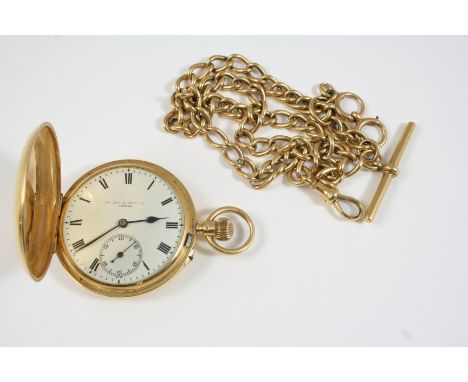 AN 18CT. GOLD FULL HUNTING CASED POCKET WATCH the white enamel dial signed Sir John Bennett Ltd., London, with Roman numerals