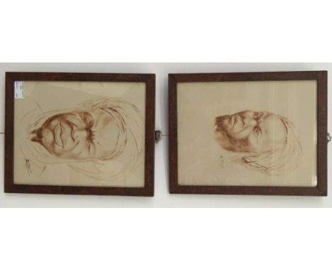 Continental School:A pair of monochrome studies depicting portraits of Bedouin men, signed R Favin, each 30 x 23 cm (2)