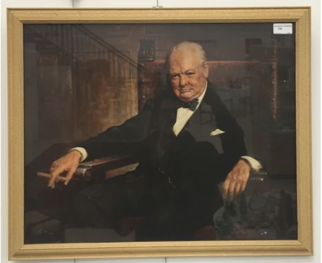 A colour print, portrait of Winston Churchill, with autopen signature to verso