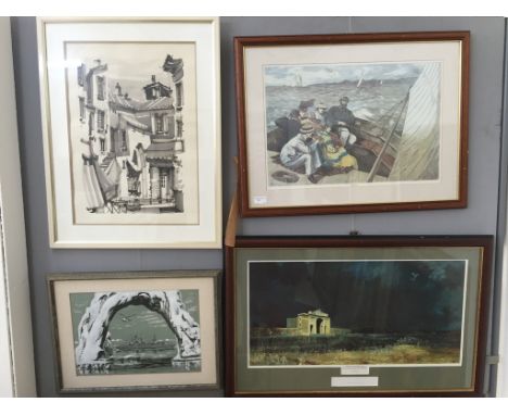 A quantity of pictures to include a signed mixed media study depicting a military naval harbour scene; 'Menin Gate at Midnigh